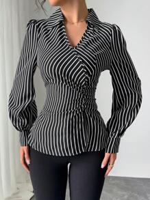 Elenzga 2024 年新款女士性感 V 领褶皱腰设计衬衫 - 黑色 - 查看 5