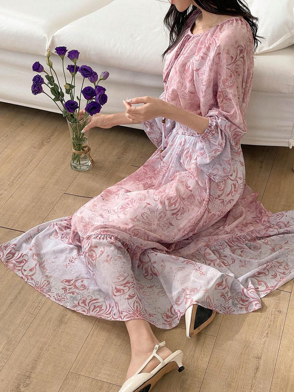 Elegant Chiffon Printed Lantern Sleeve Waist Cinched Dress For Women Boho Floral Dresses For Women Vacation Outfits Women