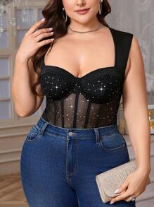 SHEIN Privé 加大码优雅休闲春夏亮片网眼紧身衣，带钢圈，端庄、百搭、时尚 - 黑色 - 查看 4