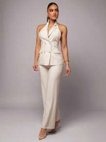 Silquee Solid Color Linen Sleeveless Non-Fitted Business Women's Blazer & Skirt 2 Pieces Set, Elegant Office/Teacher Uniform, Can Be Worn For Christmas, Everyday