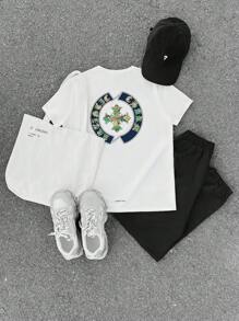 SHEIN 2pcs Set For Teen Boy:Camo Cross & Sanskrit Letter Print T-Shirt & Casual Pants,White,Summer,Street Life Casual Graphic Street Fashion Outfit - White - View 1