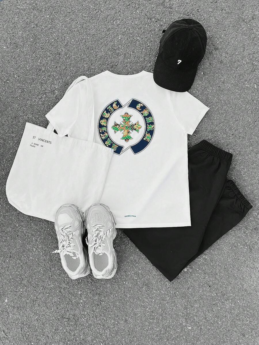SHEIN 2pcs Set For Teen Boy:Camo Cross & Sanskrit Letter Print T-Shirt & Casual Pants,White,Summer,Street Life Casual Graphic Street Fashion Outfit - White - View 1