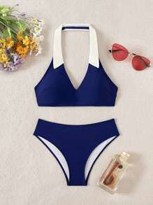 SHEIN Swim 2 件套 Springbreak 女士沙滩装夏季套装，V 领无袖短款上衣和高腰下装节日波西米亚风比基尼套装 - 藏蓝色 - 查看 1