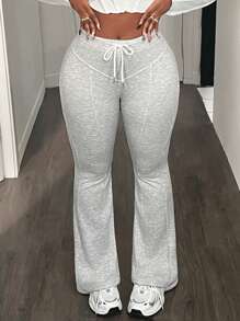 BamGleam Casual Drawstring Waist Slimming Flare Hem Sweatpants - White - View 1