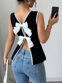 Selianne 优雅性感露背镂空蝴蝶结设计吊带背心 - 白色 - 查看 2