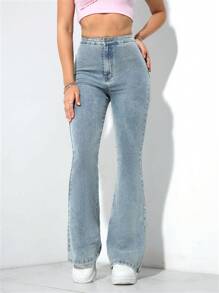 SHEIN Privé Casual Denim Long Pants, Flared Jeans, Simple & Fashionable For Daily Wear - Light Wash - View 6