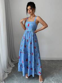 Elenzga 女士度假连衣裙蓝色格子印花樱桃花摇摆吊带连衣裙 - 藍色 - 查看 6