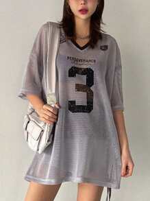 DAZY Camiseta deportiva de manga corta holgada con estampado de números para mujer