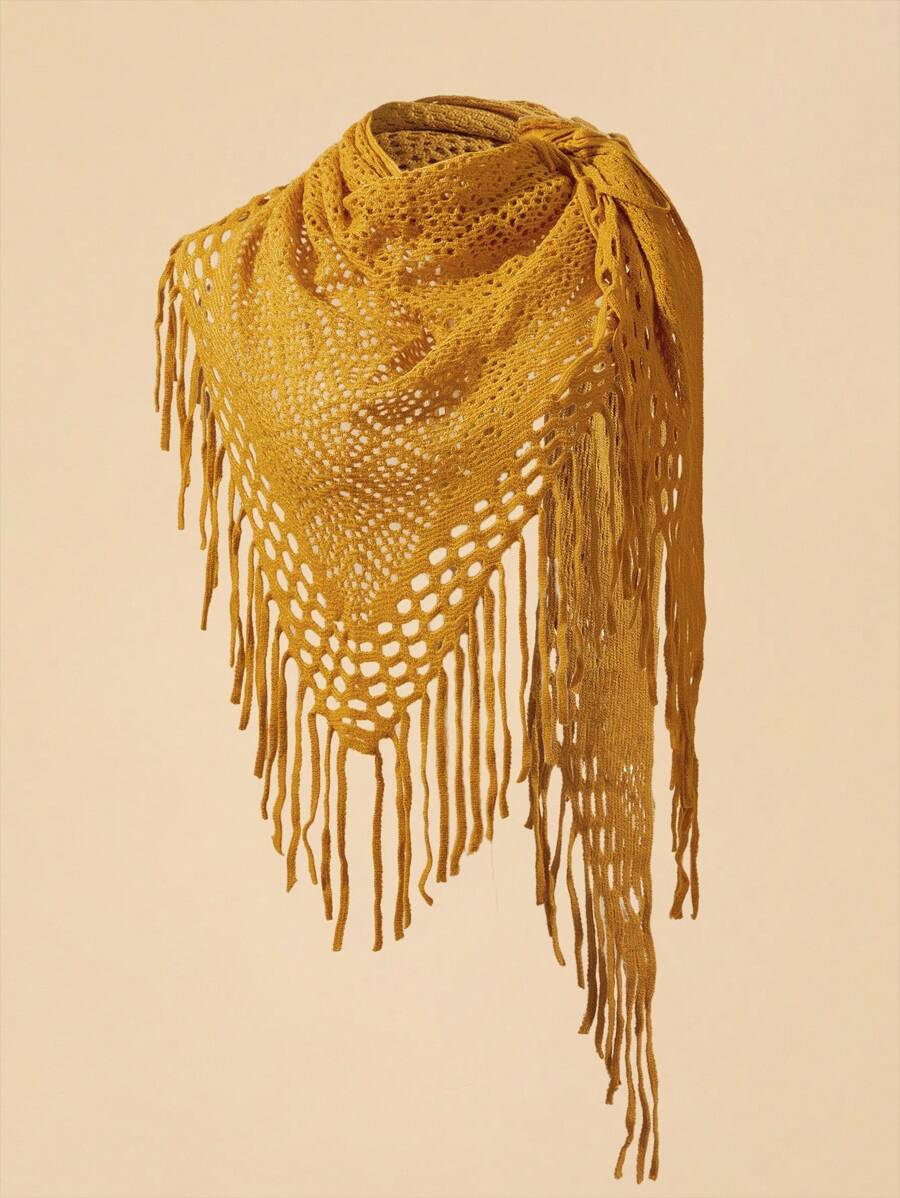 SHEIN VCAY Women's Solid Color Hollow Out Knit Fringed Scarf - Ginger - View 1