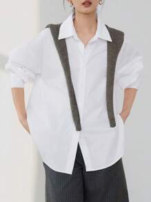 Dazy-Less Casual & Business Loose Solid Color Design Back Button Long Sleeve Blouse For Women