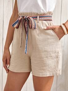 EMERY ROSE Paperbag Waist Belted Wide Leg Shorts - Khaki - View 8