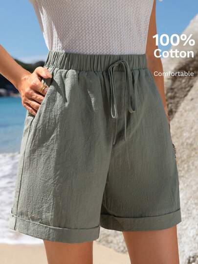 Sylviya Elastic Waist Tie Rolled Hem Slant Pocket Casual Shorts Summer Green Shorts Cotton Women Shorts