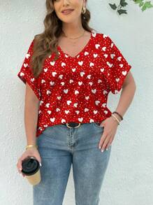 SHEIN Essnce Camiseta holgada de manga corta para mujer de talla grande con gráfico de corazón a lunares, apta para el verano - Blanco - Ver 4