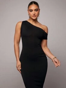 Silquee Women Solid Color Asymmetrical Neck Fitted Elegant Knit Dress