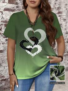 EMERY ROSE 大码女式休闲宽松 V 领 T 恤，带渐变心形图案，适合夏季 - 綠色 - 查看 1