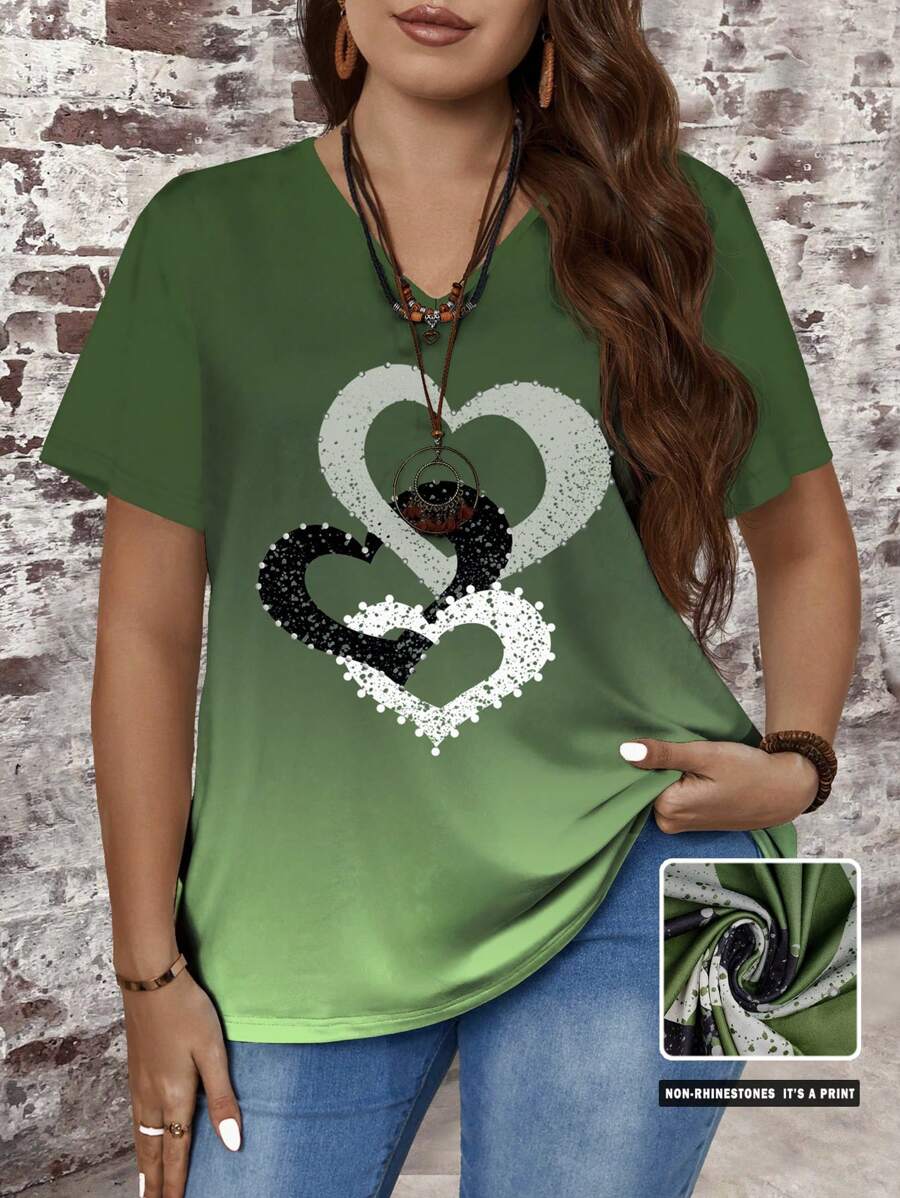 EMERY ROSE 大码女式休闲宽松 V 领 T 恤，带渐变心形图案，适合夏季 - 綠色 - 查看 1
