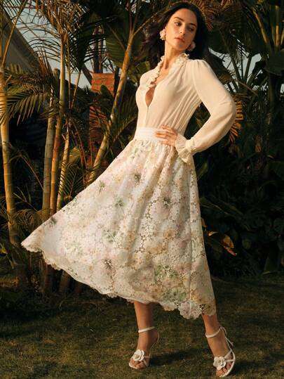 Anewsta 花卉彩色刺绣高腰及膝A字裙，优雅春季女士半身裙