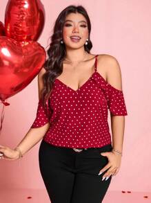 SHEIN Clasi Plus Size Women Heart Print Open Shoulder Fashion Blouse For Summer - Red - View 1