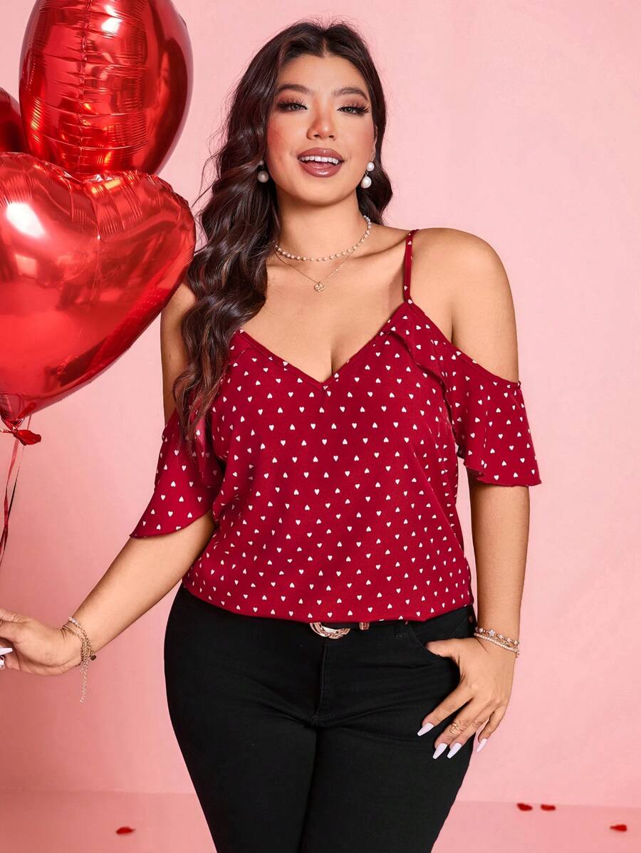 SHEIN Clasi Plus Size Women Heart Print Open Shoulder Fashion Blouse For Summer - Red - View 1
