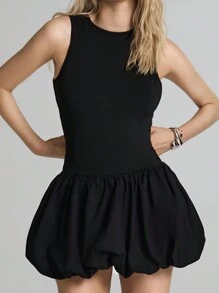 SHEIN EZwear 女士花蕾下摆迷你露背黑色针织连衣裙 - 黑色 - 查看 3