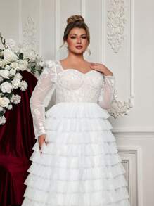 Glamrae 大码优雅白色对比心形领长袖透明刺绣拼布薄纱 A 字型婚纱 - 白色 - 查看 6