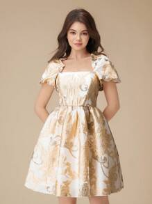 伴娘花卉印花泡泡袖 A 字短裙，适合少女、婚礼、联欢会、生日派对和典礼 - 香檳色 - 查看 3