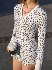 Jouncy Women's Front Button Long Sleeve All-Over Floral Print Casual Jumpsuit Fall Cloth For Women - Blue and White - View 1
