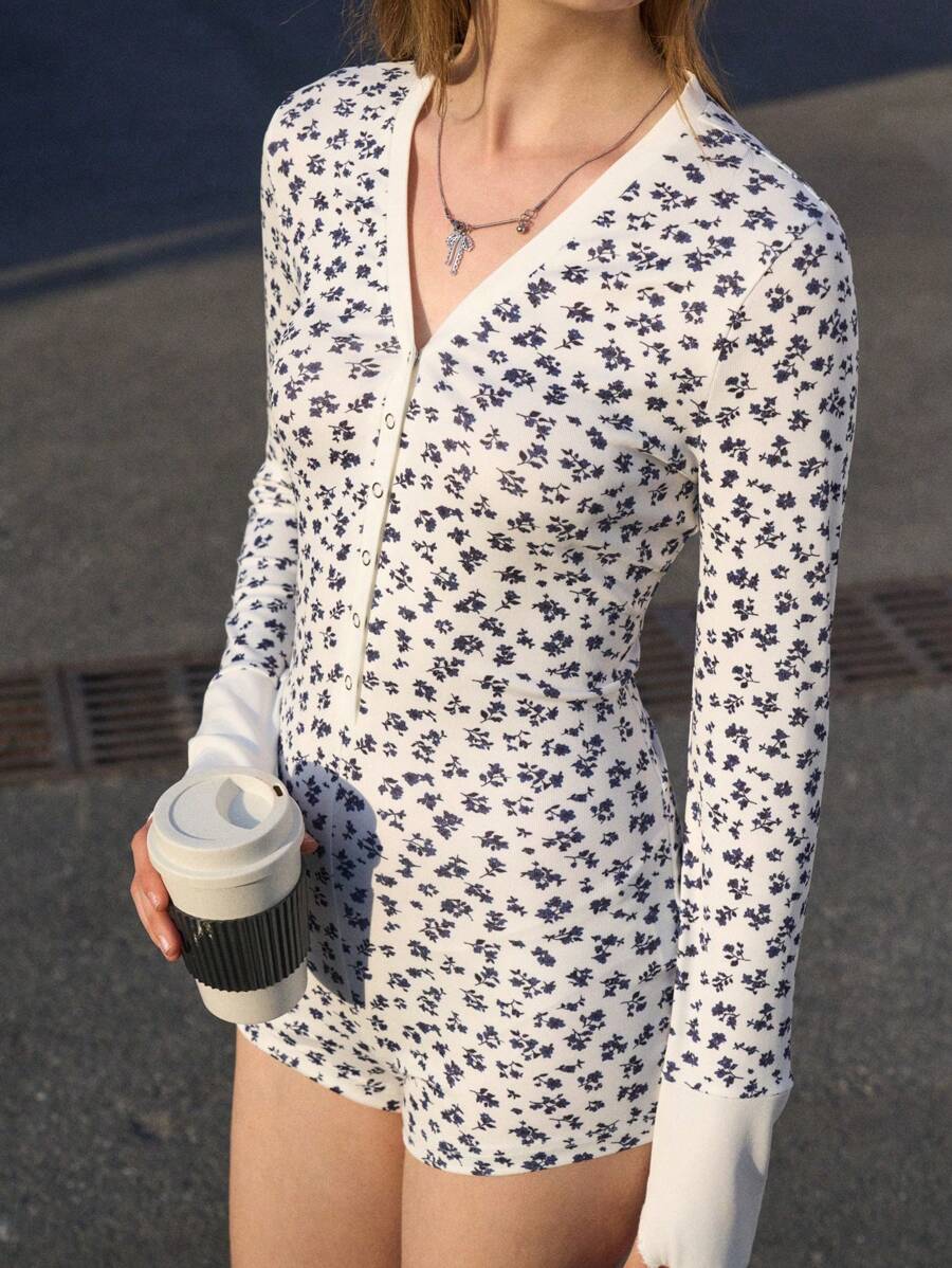Jouncy Women's Front Button Long Sleeve All-Over Floral Print Casual Jumpsuit Fall Cloth For Women - Blue and White - View 1