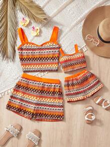 Travachic KIDS 女婴暑假可爱吊带背心和短裤套装，母女装（2 套单独出售） - 橘色 - 查看 1