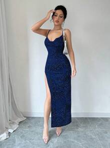 Flirla Women's Leopard Print Spaghetti Strap Summer Slit Dress Maxi Women Outfit,Vacation Outfits Woman