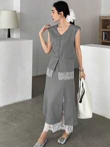 DAZY 女士 V 领蕾丝拼布开衫衬衫和裙子 2 件套 - 灰色 - 查看 4