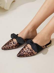 CUCCOO CHICEST Mocasines planos con puntera puntiaguda, estampado de leopardo y decoración de lazo, estilo dulce para damas