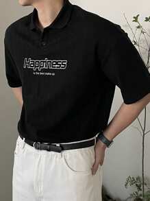 DAZY Camiseta polo de tela texturizada negra con estampado de letra, para verano - Negro - Ver 1