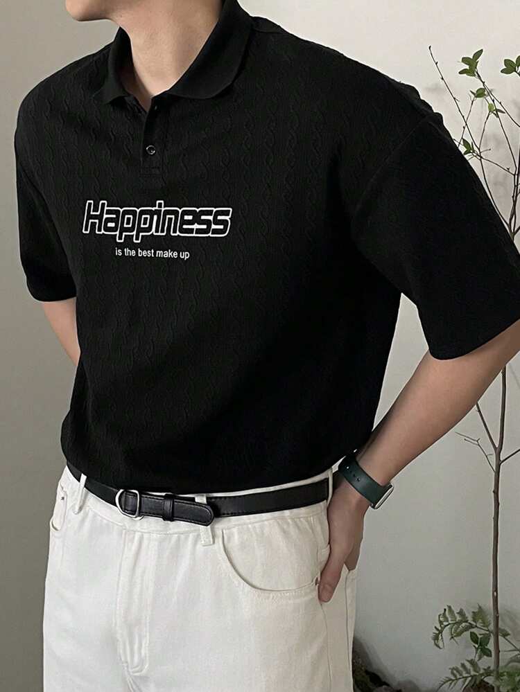 Men's Black Textured Fabric Letter Print Polo Shirt, Summer