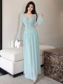 Modelyn Women's Mesh Tie-Up Flared Long Sleeve Asymmetrical Ruffle Elegant Date Night Dress Fall Cloth For Women - Mint Green - View 6