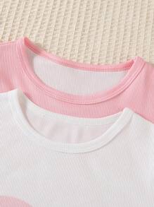 2pcs/Pack Girls Lash Print Heart Pattern Soft Round Neck Short Sleeve Long Nightgown Loungewear - Pink - View 3