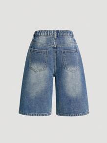 SHEIN Pantalones cortos vaqueros casuales de pierna recta y ajuste holgado con lavado vintage para adolescentes