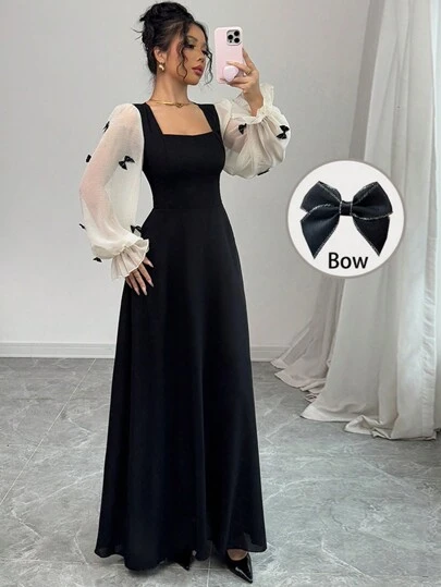 Modelyn 女士混合面料蝴蝶结装饰 3D 花卉束腰编织连衣裙