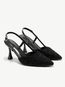 CUCCOO CHICEST Fashion Black Thick Tweed Backstrap Pointed Toe High Heel Pumps, Suitable For Commuting, Dates, Gatherings, Parties, Holidays, Weddings - Black - View 2