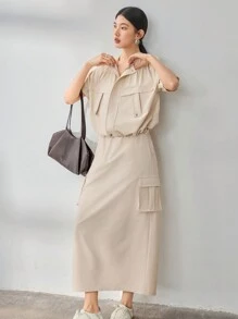 Dazy-Less 2 件套女士宽松休闲实用风格大口袋花卉荷叶边设计套装夏季复古风格商务休闲女装、教师装 - 杏色 - 查看 6