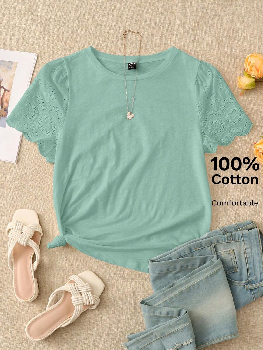 EMERY ROSE Solid Eyelet Embroidery Scallop Trim Tee - Mint Green - View 1