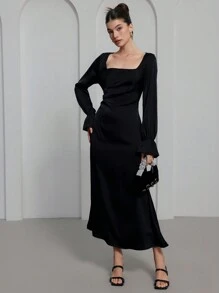SHEIN Unity 优雅复古法式方领收腰荷叶边超长女式连衣裙 - 黑色 - 查看 6