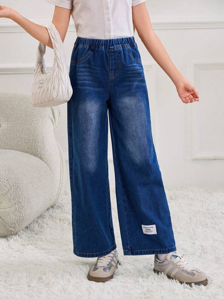 Girls Y2K Style Washed Blue Wide Leg Casual Loose Fit Jeans With Decorative Ankle Patch, Simple Fashionable And Versatile Design For Daily Wear - Dark Wash - View 1