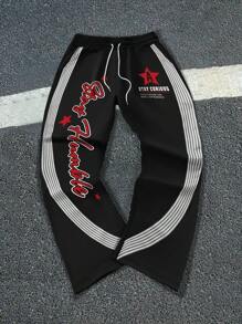 Manfinity EMRG Men's Black Y2K Sweatpants With Reflective Stripes And Graphic Print - Black - View 5