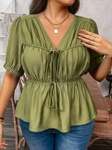 Flirla 大码女式优雅别致 V 领 A 字形蝴蝶结装饰短袖衬衫，通勤休闲度假装，春夏 - 綠色 - 查看 3