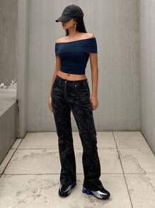 DAZY Women's Solid Color Minimalist Off-Shoulder Fitted Slim Tee,Crop Tops Women,Off Shoulder Top