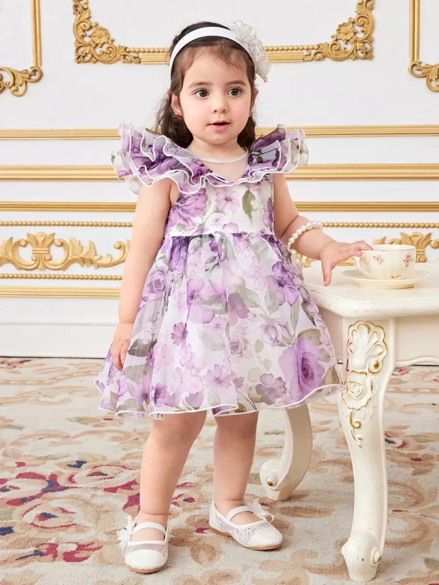 SHEIN 女婴花卉印花欧根纱荷叶边夏季连衣裙/派对连衣裙 - 紫色 - 查看 1