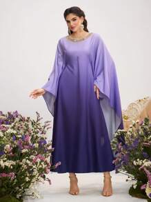 Al Najma Damen Langer Arabischer Freizeitkleid mit lila Farbverlauf und Juwelen-Rundhalsausschnitt, Langarm, Farbverlauf für Frühling und Valentinstag - Violett - Übersicht 6