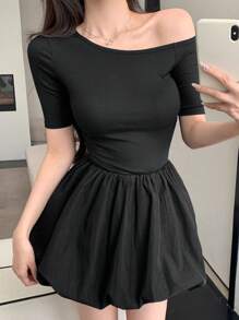 DAZY Asymmetrical Shoulder Solid Color Ruched A-Line Mini Dress For Women,Casual Women Dresses