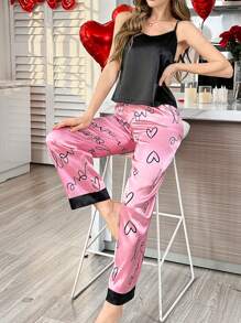 Valentine's Day Faux Silk Plain Cami Pajama Set With Heart & Letter Print